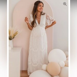 PinkBlush White Lace Mesh Overlay Maternity Maxi Dress